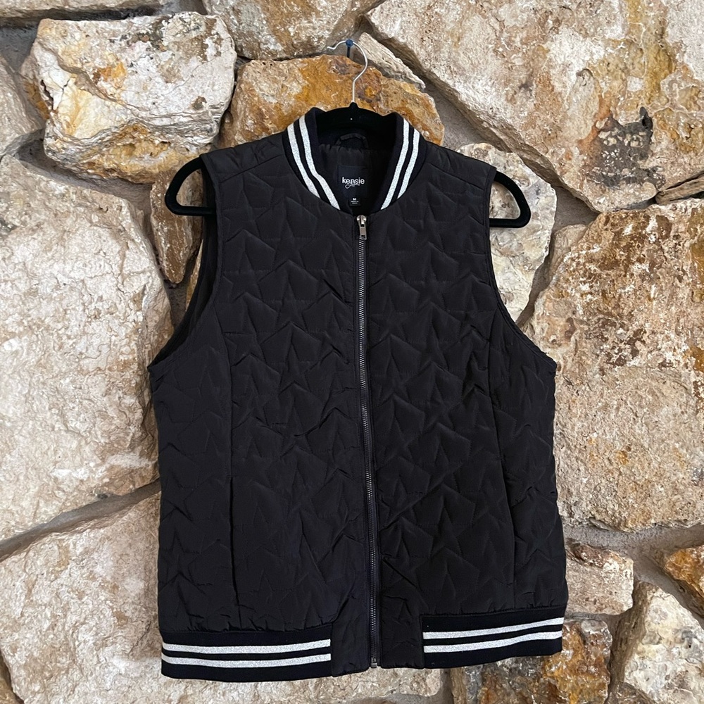 Kensie Black Quilted Vest with Striped Trim